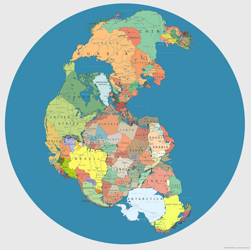 map of ‘pangea’ with current international borders