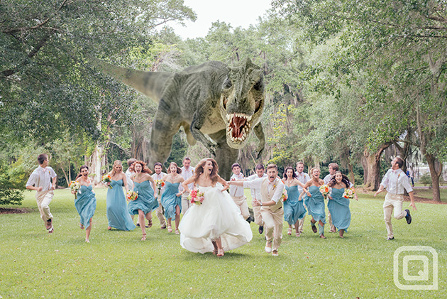 tyranasaurus rex terrorizes wedding party