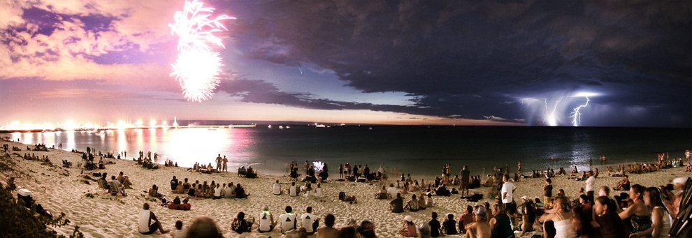 fireworks, a comet, and a lightning strike, all in one frame